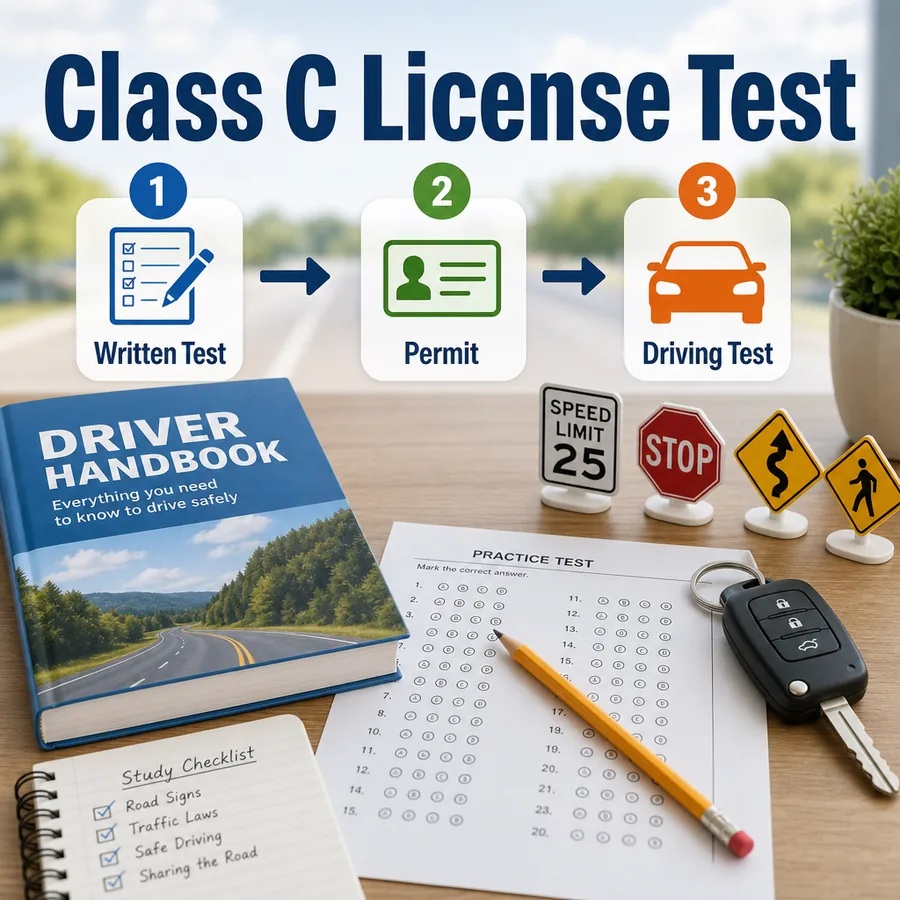 Class C License Test study path showing written test permit and driving test steps