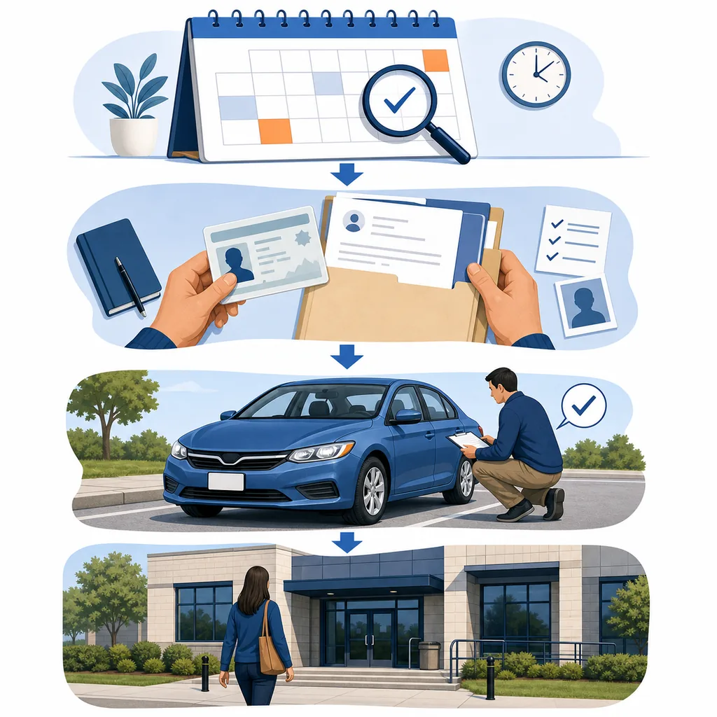 Editorial four-step checklist for a DMV driving test appointment showing booking, documents, vehicle inspection, and arrival