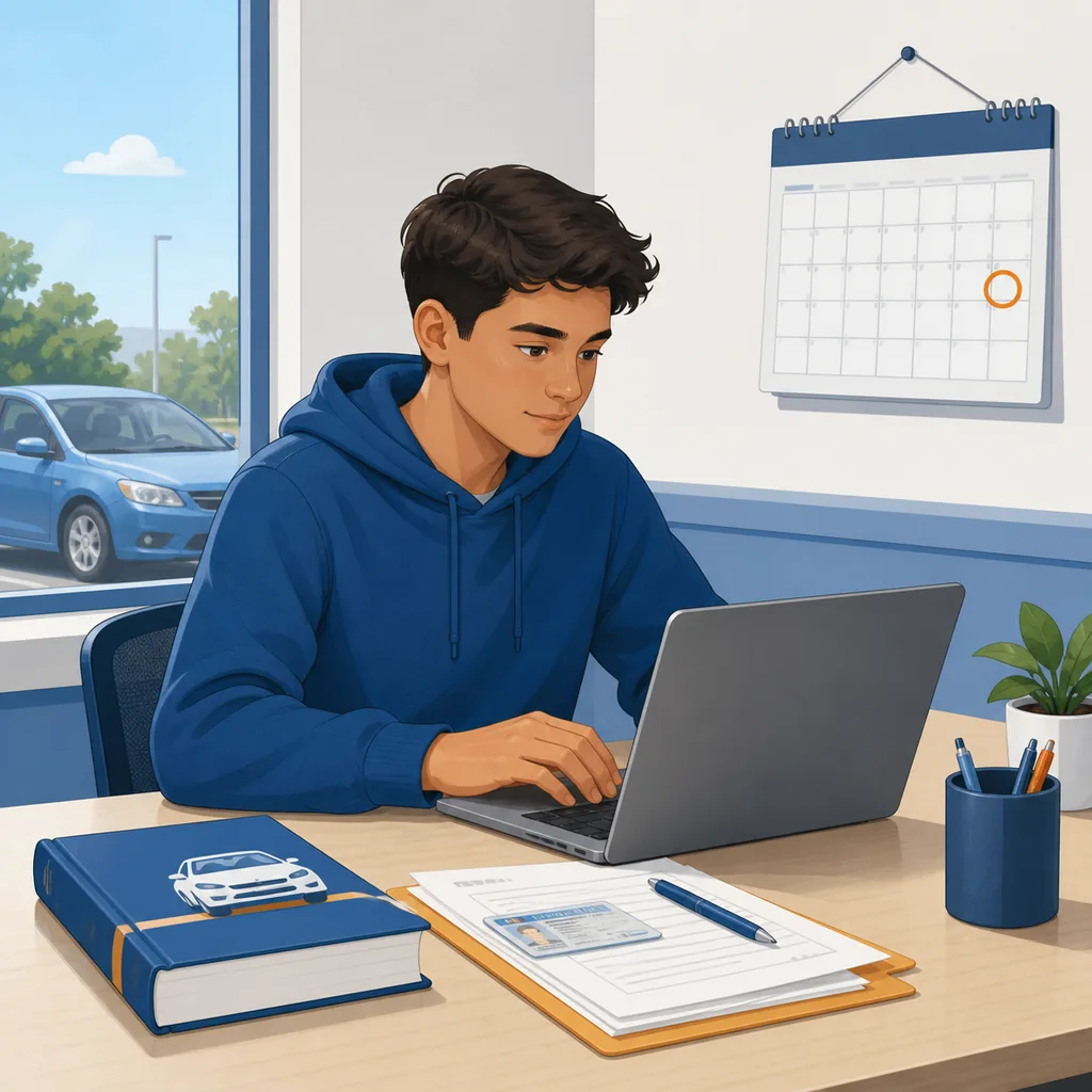 Learner driver preparing a DMV driving test appointment with a calendar, vehicle, handbook, and document folder