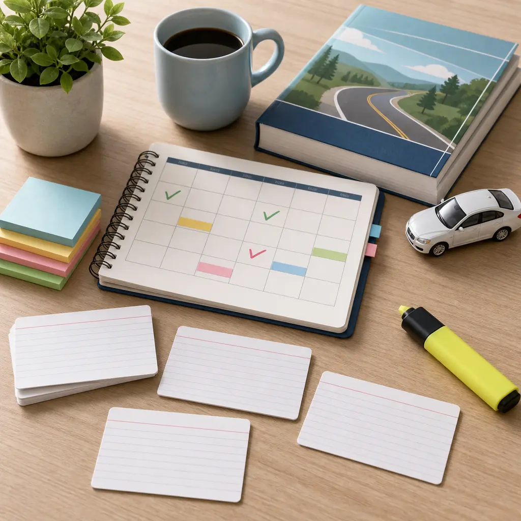 Study planner, blank answer cards, handbook, and model car for reviewing missed DMV permit test answers