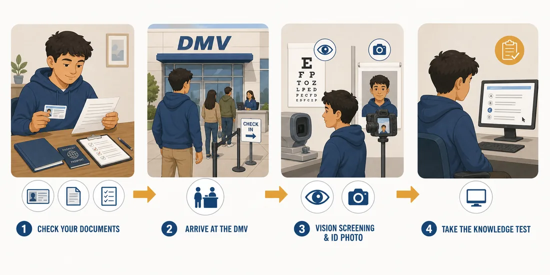 Editorial step flow showing document check arrival vision screening and knowledge test during a DMV permit appointment