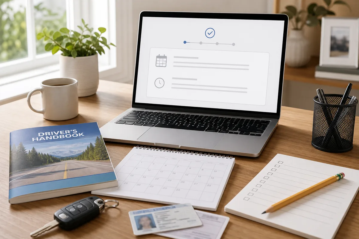 Learner driver preparing a DMV permit test appointment with handbook calendar documents and confirmation