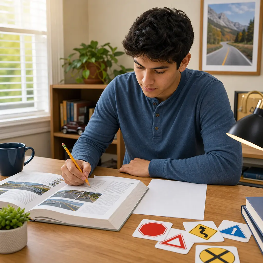 Student reviewing a driver handbook and traffic sign cards for DMV permit test questions