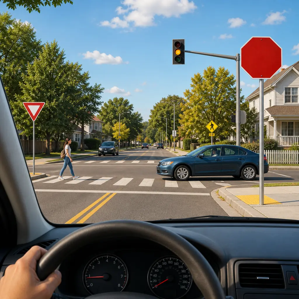 Driver approaching a controlled intersection with stop, yield, pedestrian, and traffic signs
