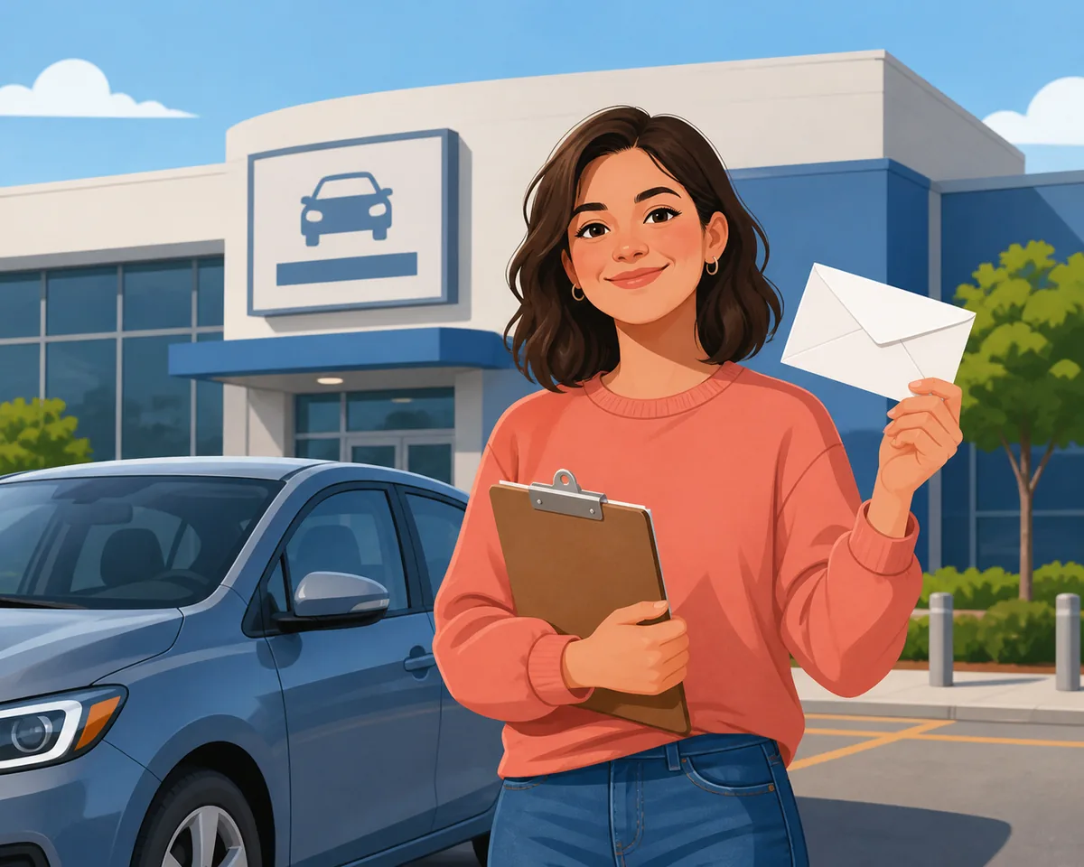 Learner holding a DMV road test result envelope and clipboard beside a car outside a motor vehicle office