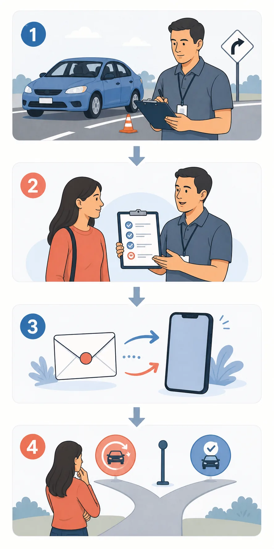 Illustrated four-step timeline showing a DMV road test, examiner feedback, official result delivery, and the next decision