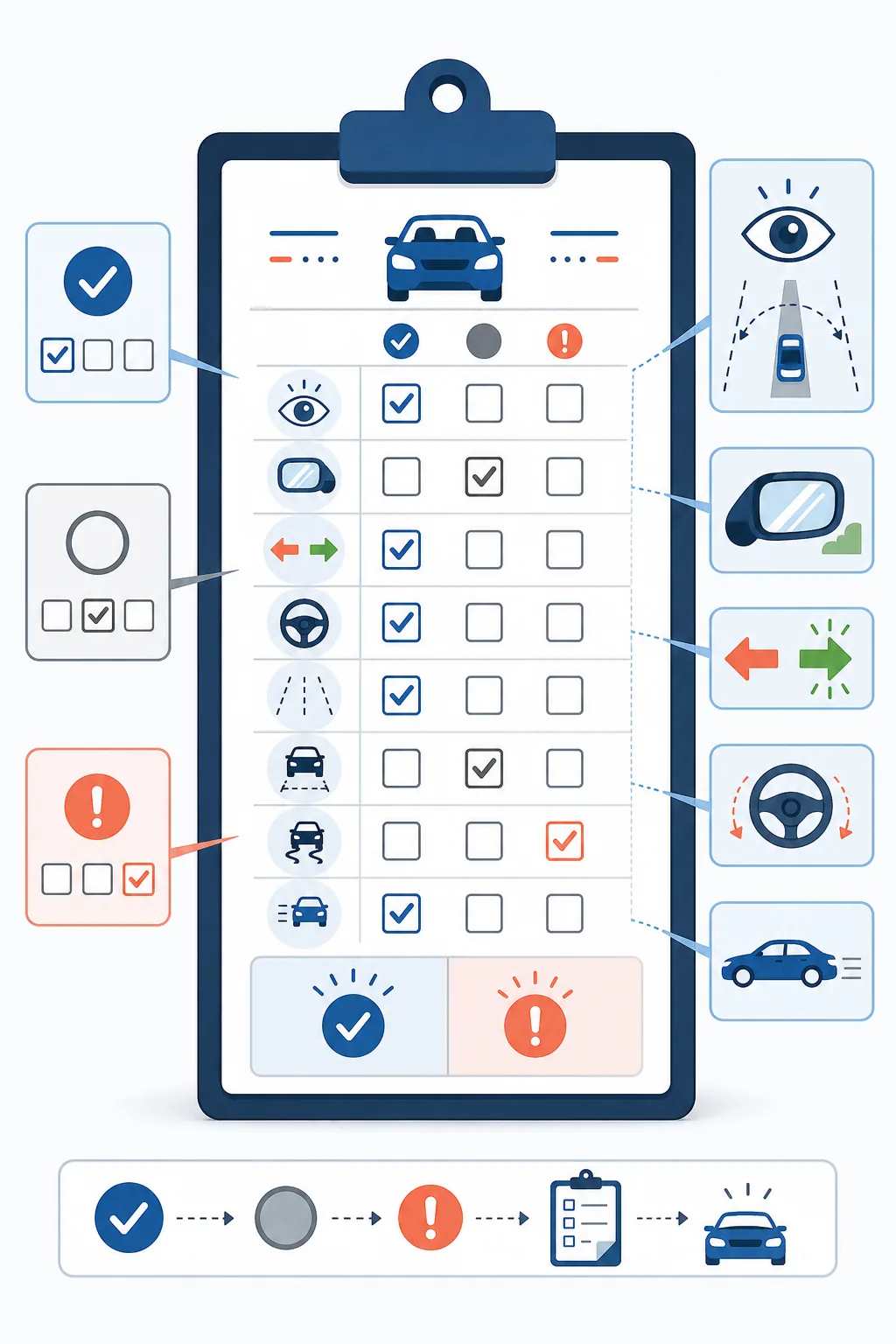 Illustrative clipboard showing generic DMV road test score sheet categories for observation, mirrors, signals, steering, and vehicle control