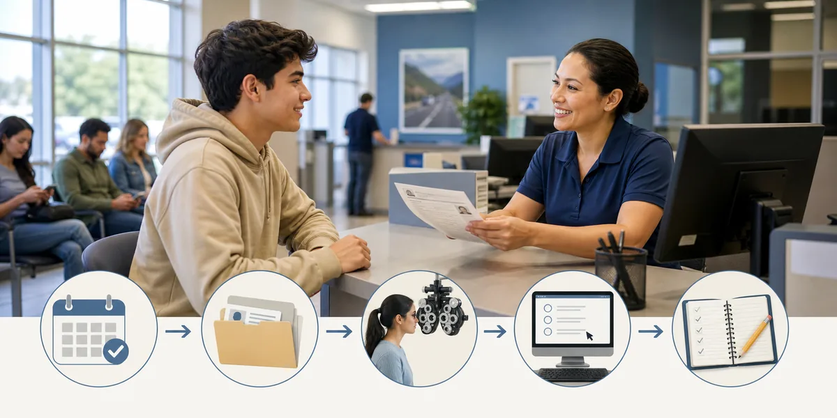 DMV written test appointment flow with booking documents vision screening knowledge test and permit steps
