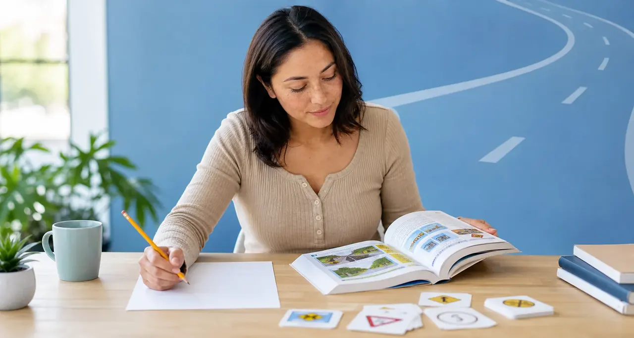Learner studying a driver handbook with blank answer sheet and traffic sign cards for DMV written test practice