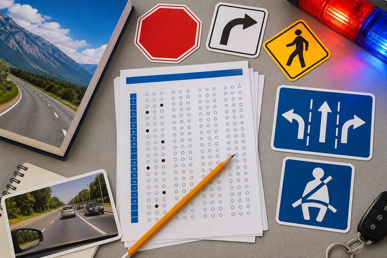 Blank multiple-choice answer sheet, traffic signs, seat belt symbol, and driver handbook for written test question review
