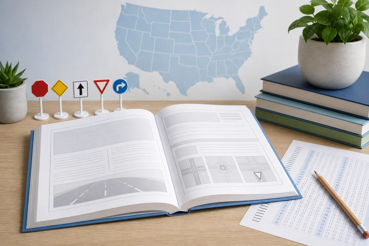 Driver handbook, answer sheet, road sign icons, and United States map for DMV written test question count preparation