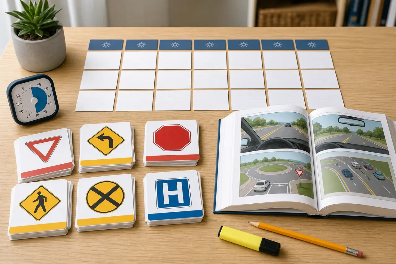 Study plan with blank cards, traffic sign flashcards, timer, and driver handbook for written test preparation