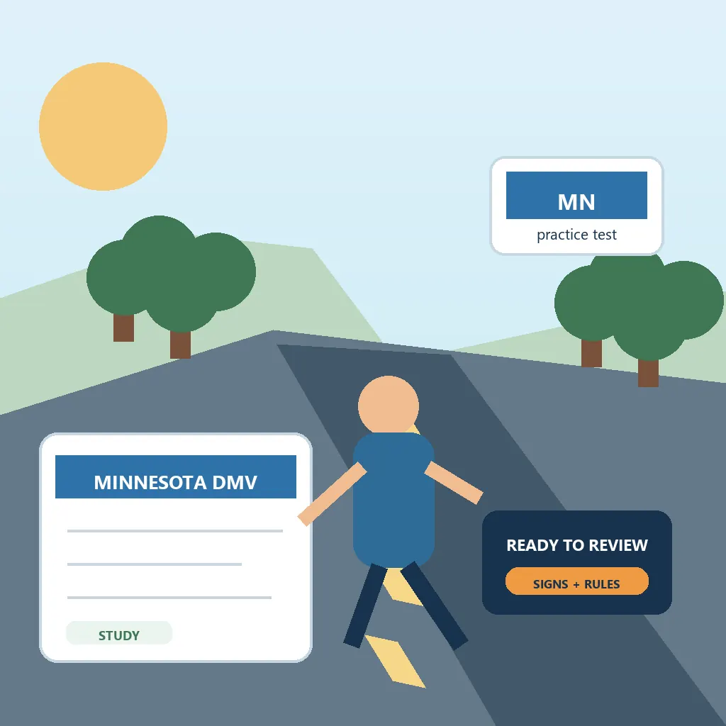 Editorial illustration of a Minnesota learner preparing for a state-specific permit knowledge test beside a road and study guide