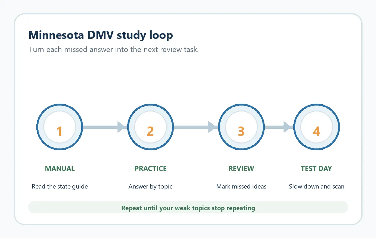 Editorial study-plan illustration showing handbook reading, practice questions, missed-answer review, and test-day preparation