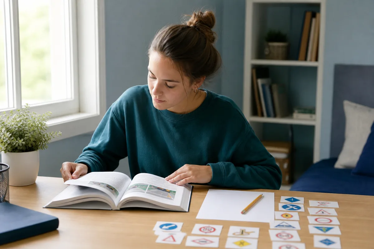 Learner studying a New Jersey written test handbook with a blank answer sheet and road sign cards