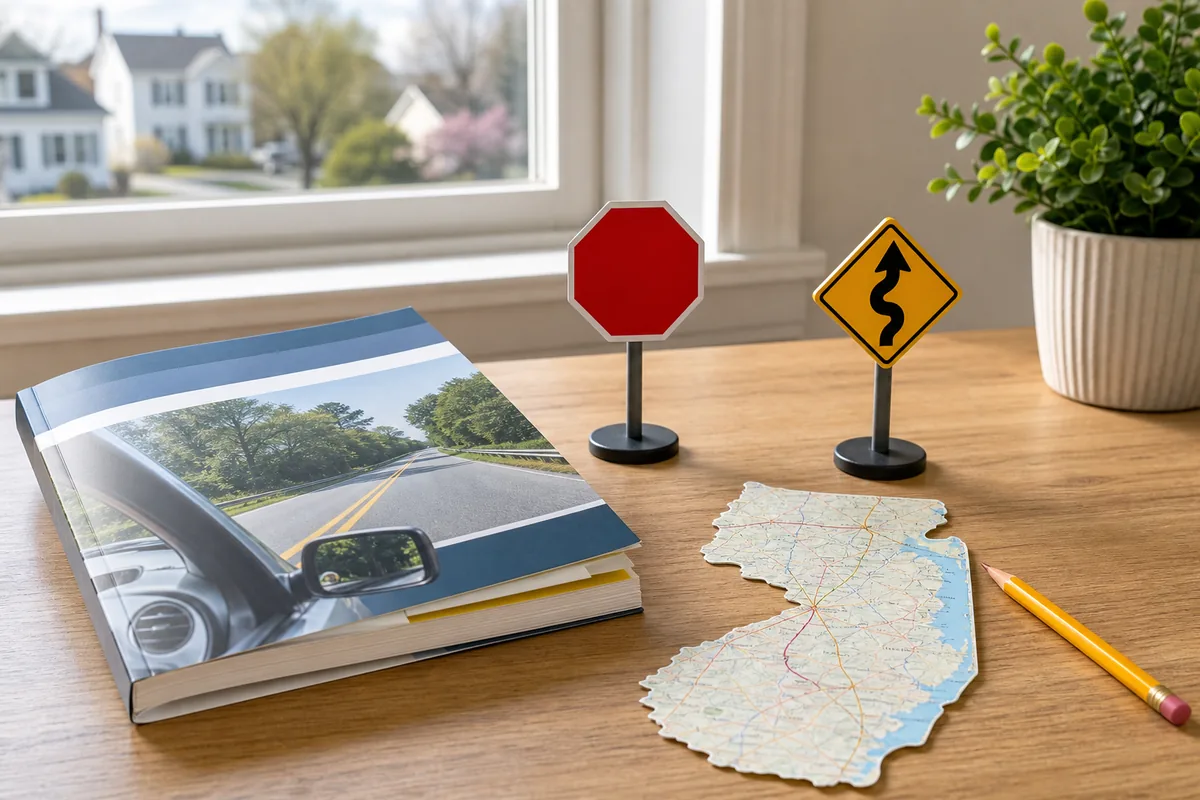 New Jersey study guide scene with driver handbook, stop sign, warning sign, road map, and pencil