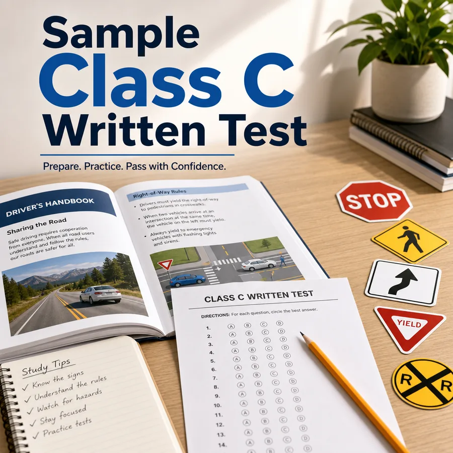 Study desk with a Sample Class C Written Test answer sheet, driver handbook, pencil, and traffic sign icons