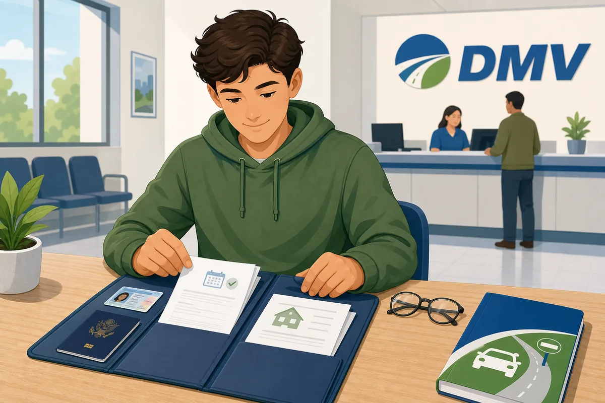 Learner driver organizing identity documents residency proof appointment confirmation and handbook before a DMV permit test